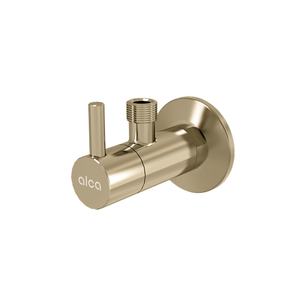 Alca Eckventil aus Messing mit Hebelgriff und Wandrosette in Gold-Optik.