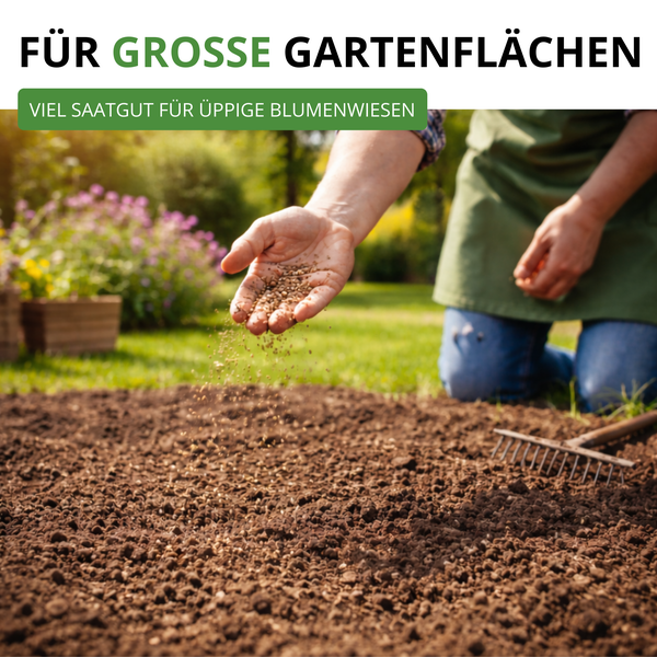 Eine Person streut Blumensamen von Hand auf vorbereitete Erde im Garten für eine üppige Blumenwiese.