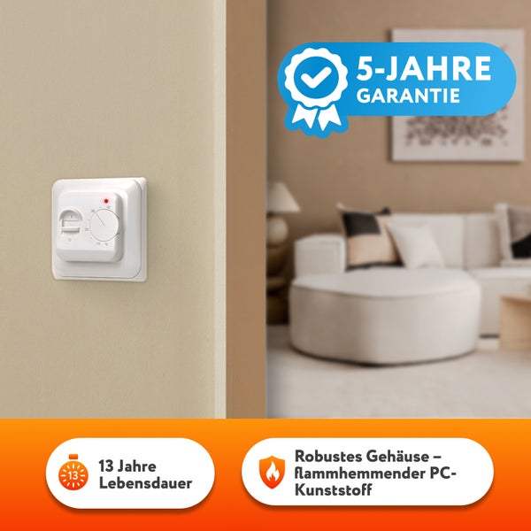 Raumthermostat an der Wand mit Hinweisen zu Garantie und Lebensdauer
