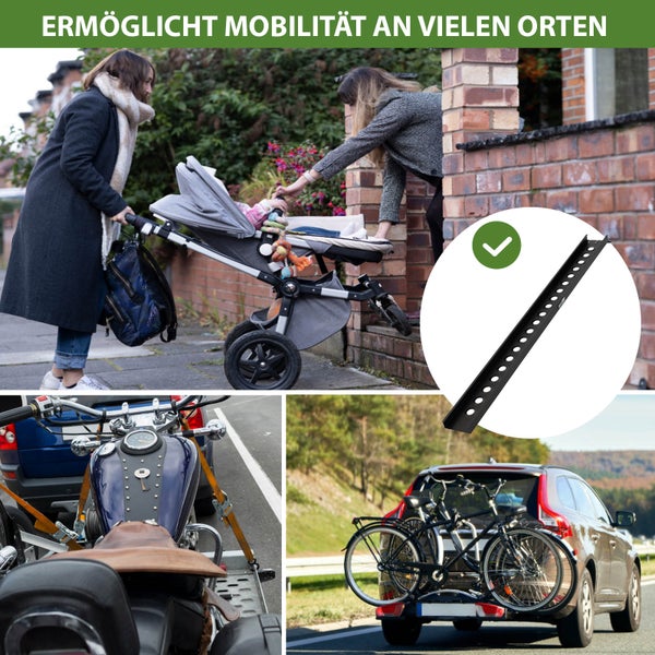 Collage zum Thema Mobilität mit Kinderwagen, Motorrad und Fahrrädern auf einem Autoanhänger