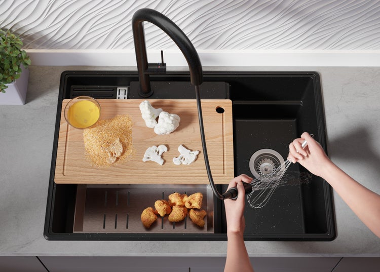 PRIMAGRAN Granitspüle Schwarz Metallic 78x53cm, Spülbecken 2 Becken + Küchenarmatur 40x20cm + Ablauf-Set + Küchenzubehörset, Küchenspüle ab 80er Unterschrank - Paris