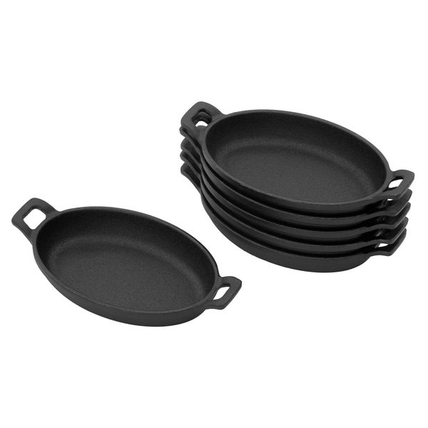 BBQ#BOSS 6er Set Servierpfännchen aus Gusseisen, Grillpfännchen oval 22x12 cm, bereits eingebrannt, antihaftbeschichtet, Gusspfännchen mit Tragegriffe, Grillpfannen Pfännchen Servierpfanne Pfannenset