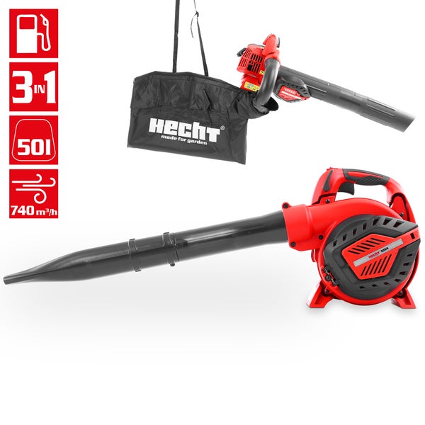 Hecht Laubbläser mit Auffangsack und Symbolen für Tankinhalt, drei Funktionen in einem Gerät, sowie Luftgeschwindigkeit