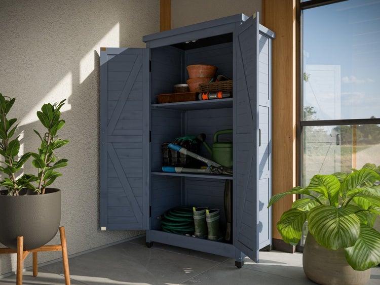 Gartenschrank aus Holz mit Doppeltür, X-Verstrebungen und Flachdach in Blaugrau.