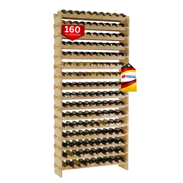 Hohes Weinregal aus Holz von Proregal für bis zu 160 Flaschen, befüllt mit Weinflaschen.