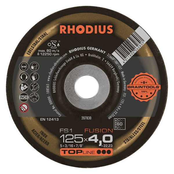RHODIUS Schruppscheibe FS1 FUSION, 10 Stück, 125 x 4,0 x 22,23 mm, Korn 60, für Edelstahl, Stahl, Metall, TOPline