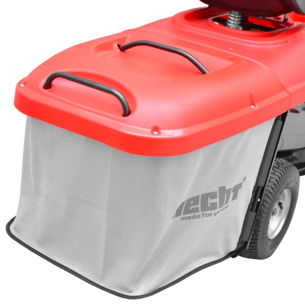 Fangkorb eines Rasentraktors mit Hecht Logo