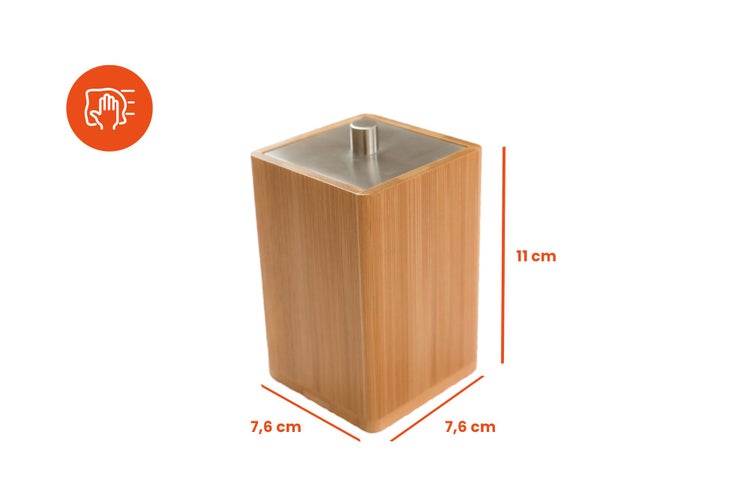 Bambus-Aufbewahrungsbox mit Metalldeckel, Maße 11 x 7,6 x 7,6 Zentimeter, Symbol für einfache Reinigung.