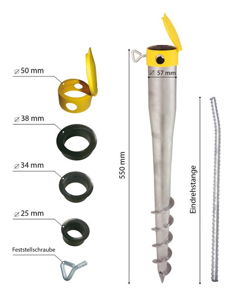 Bodendübel-Set mit Eindrehstange, Feststellschraube und Reduzierringen (25, 34, 38, 50 Millimeter) für Masten bis 57 Millimeter. Länge 550 Millimeter.