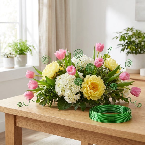 Blumenarrangement mit rosa Tulpen und gelben Pfingstrosen, verziert mit spiralförmig gebogenem grünem Basteldraht auf einem Holztisch.