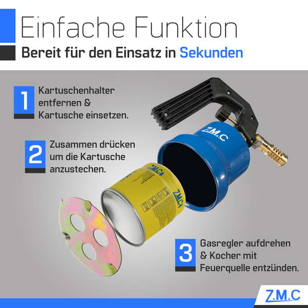ZMC Gasbrenner 2,2 kW + 10 Gaskartuschen 190 g, Flambierbrenner, Bunsenbrenner, Küchenbrenner mit einstellbarer Flamme, Brenneraufsatz für Camping, Lötbrenner, Lötlampe zum Weich- oder Hartlöten