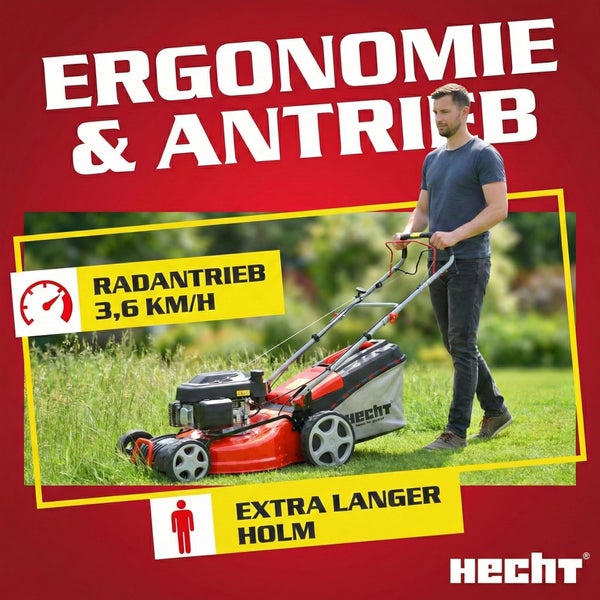 Ein Mann schiebt einen roten Rasenmäher von Hecht über eine Wiese. Das Produkt zeichnet sich durch Ergonomie, Antrieb, Radantrieb mit 3,6 Kilometer pro Stunde und einen extra langen Holm aus. Hecht Logo