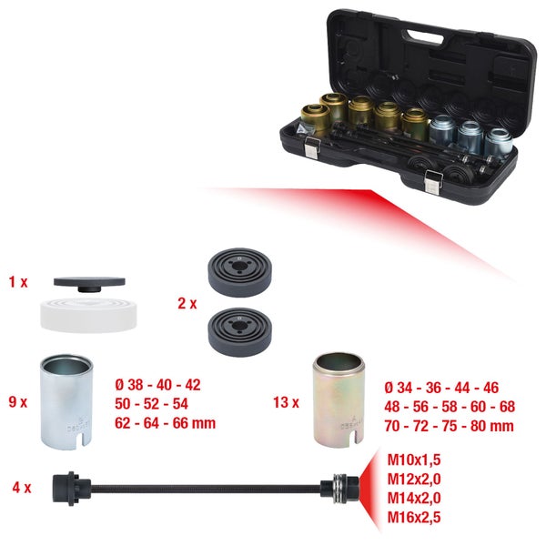 Druck- und Zughülsensatz im Koffer, 22 Hülsen mit 34 bis 80 Millimeter Durchmesser, 4 Spindeln M10 bis M16, 2 Stufen-Druckscheiben.