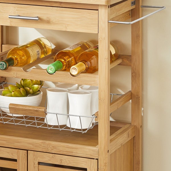 Bambus Küchenwagen mit Schublade, Flaschen, Schalen und Tassen