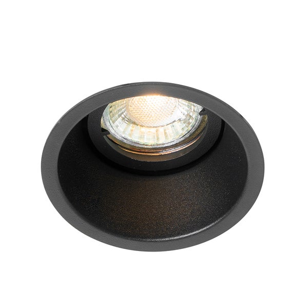 Runder LED-Einbaustrahler in Schwarz mit eingeschaltetem Leuchtmittel.