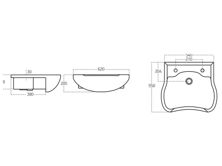 Technische Zeichnung eines Waschtisches mit Maßangaben