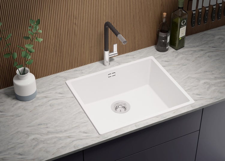 PRIMAGRAN Spülbecken Alles Weiß 56x47cm, Granitspüle 1 Becken + Ablauf-Set, Küchenspüle ab 60er Unterschrank - London Slim
