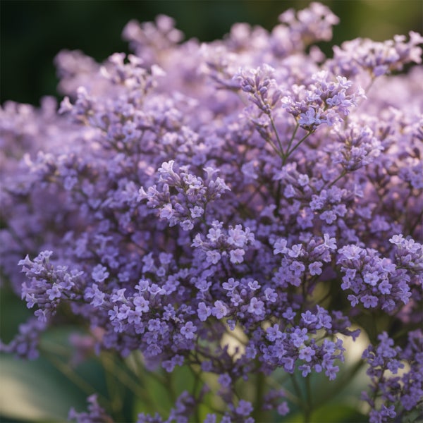 Blühender Fliederstrauch mit zahlreichen kleinen violetten Blüten in dichten Rispen.