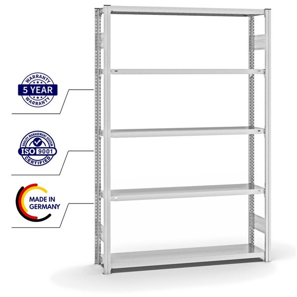 PROREGAL Fachbodenregal Stecksystem T-Profil Light-Duty Grundregal HxBxT 200 x 130 x 30 cm 5 Ebenen Fachlast 175 kg Beidseitig Nutzbar Lichtgrau