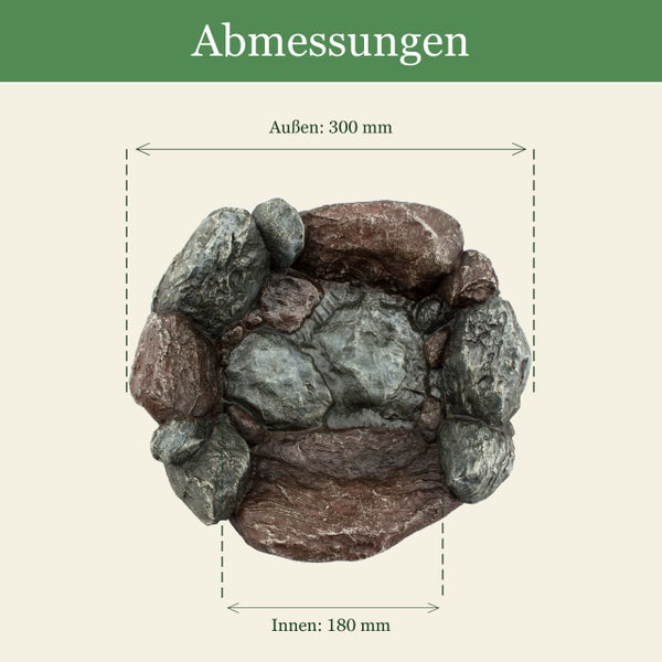 Abmessungen eines Steinbeckens: Außenbreite 300 Millimeter, Innenbreite 180 Millimeter.
