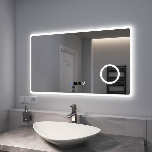 EMKE Badspiegel mit 3-fache Vergrößerung, LED Beleuchtung, 100x60cm, 3 Lichtfarben Dimmbar, Touch, Uhr