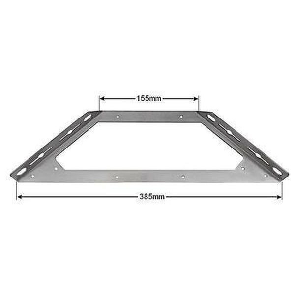 Wandhalterung aus Metall in Trapezform mit Maßangaben von 155 Millimeter und 385 Millimeter.