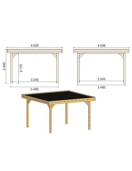 Technische Zeichnung mit Maßangaben für einen quadratischen Holzpavillon mit Flachdach, Draufsicht und Seitenansichten.