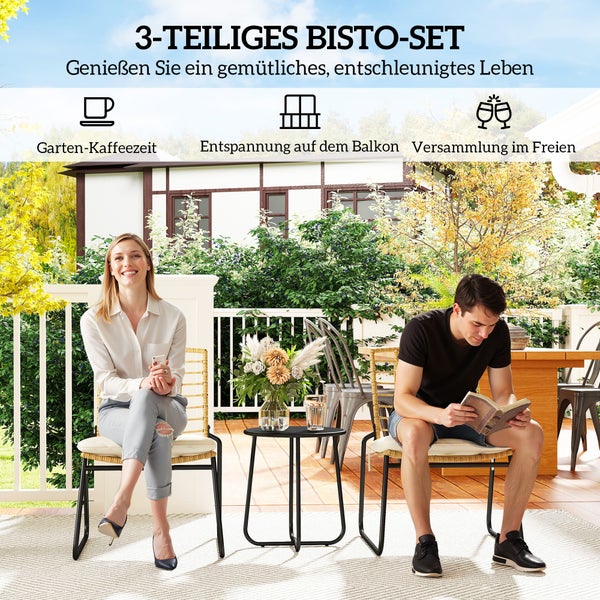 Outsunny Rattan Gartenmöbel Set, Balkonmöbel Set für 2 Personen 3-teilig Outdoor Sitzgruppe mit 2 stapelbar Stühle, Tisch Kissen wetterfest Garten Lounge für Terrasse Balkon, Beige & Braun