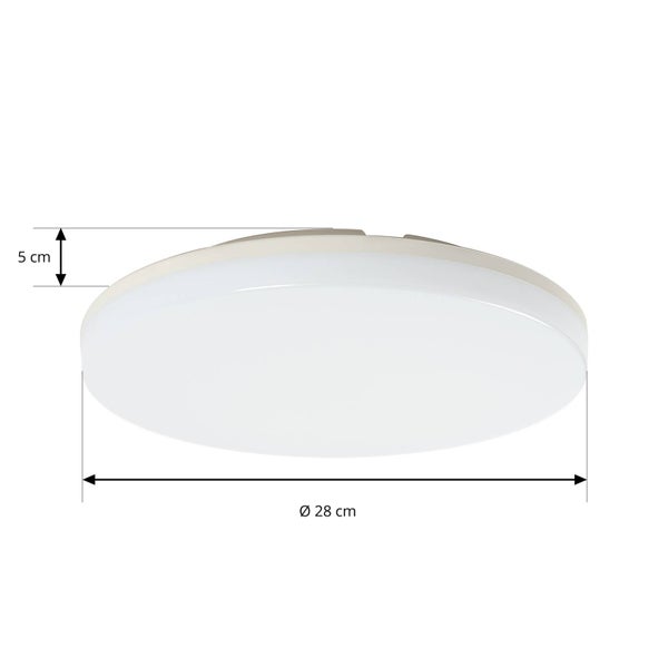 Flache, runde Deckenleuchte mit einem Durchmesser von 28 Zentimetern und einer Höhe von 5 Zentimetern.