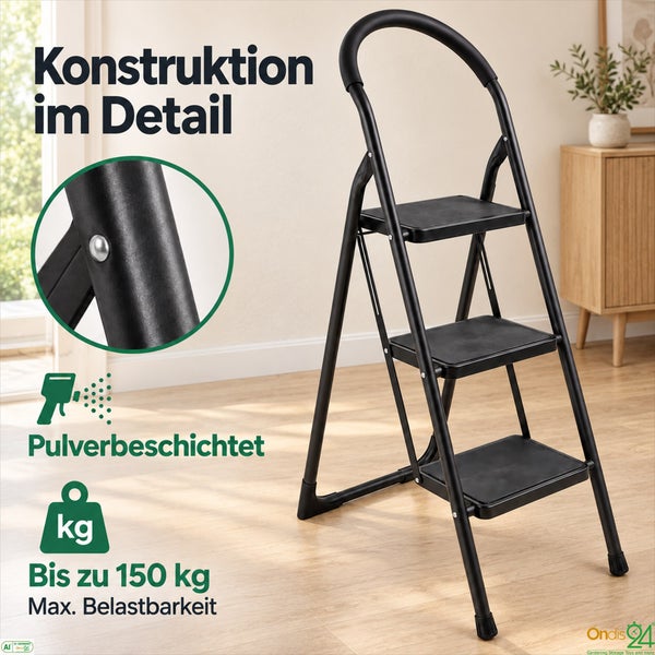 Klappbare Trittleiter mit drei Stufen und pulverbeschichteter Konstruktion mit einer maximalen Belastbarkeit von 150 Kilogramm.