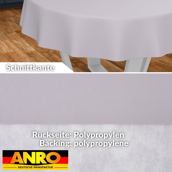Rundes Tischtuch mit Schnittkante, Rückseite aus Polypropylen, ANRO Deutsche Manufaktur Logo.
