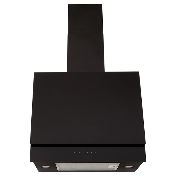 Schwarze Wand-Dunstabzugshaube aus Glas mit Kamin, integrierter Beleuchtung und Bedienelementen für die Küche.