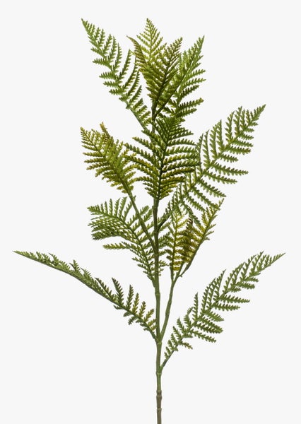 Künstlicher Farnzweig mit grünen, gefiederten Blättern aus Kunststoff.