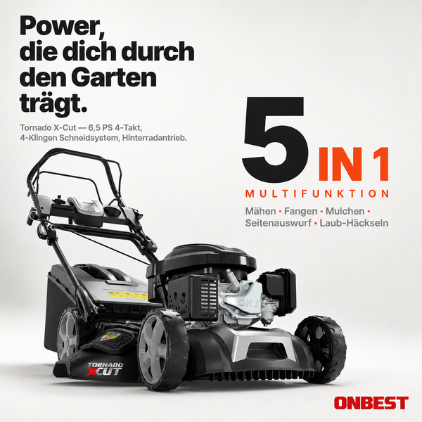Benzin-Rasenmäher Tornado X-Cut mit 5 in 1 Multifunktion zum Mähen, Fangen, Mulchen, Seitenauswurf und Laubhäckseln, 4 Takt Motor, ONBEST Logo.