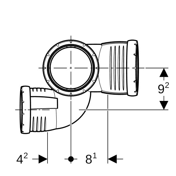 Technische Zeichnung eines Doppelbogen-Rohrfittings mit Maßangaben.