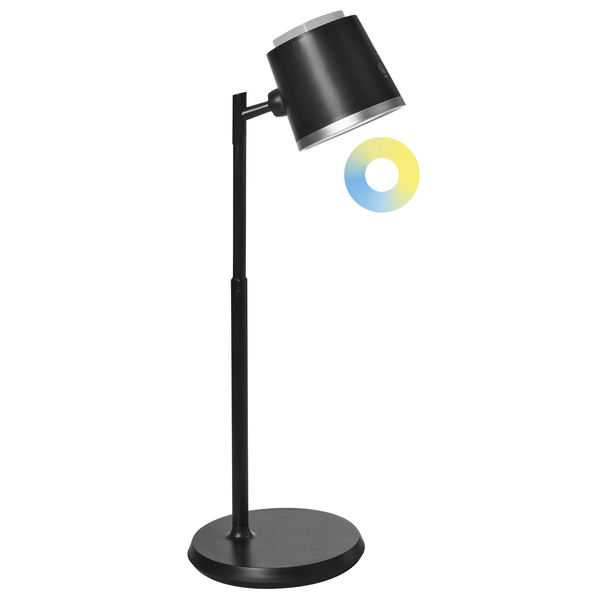 Schwarze Stehleuchte mit verstellbarem Lampenkopf.