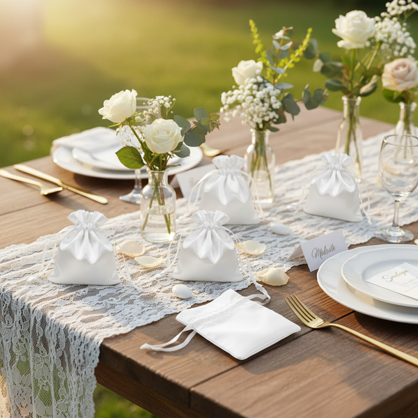 Festlich dekorierter Holztisch mit Spitzenläufer, weißen Rosen und kleinen Satinbeuteln mit Kordelzug für Gastgeschenke bei Hochzeiten.