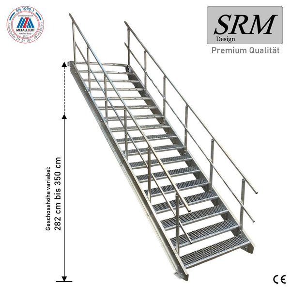 Stahltreppe mit beidseitigem Geländer, Gitterroststufen, Höhe 282 bis 350 Zentimeter. SRM Design Logo. EN 1090-1 zertifiziert und CE-gekennzeichnet.