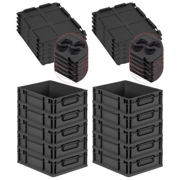 PROREGAL SparSet 10x Eurobox NextGen Color mit Auflagedeckel und Schiebeschnappverschlüsse, HxBxT 12x30x40cm, 11 Liter, Schwarz, Griffe schwarz geschlossen, Eurobehälter, Transportbox, Transportbehälter, Stapelbehälter