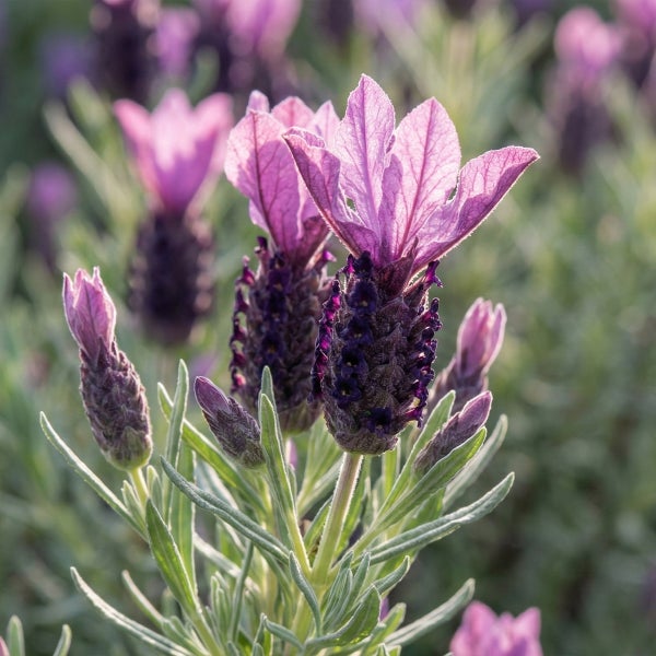 Schopflavendel Lavandula stoechas mit violetten Blüten und grünem Laub im Garten.
