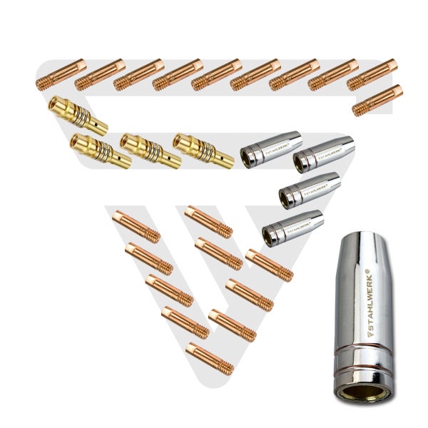 STAHLWERK Original Zubehör für Schweißgeräte, inklusive Drahtspule, Druckminderer, Schleifscheiben und Brennerdüsen
