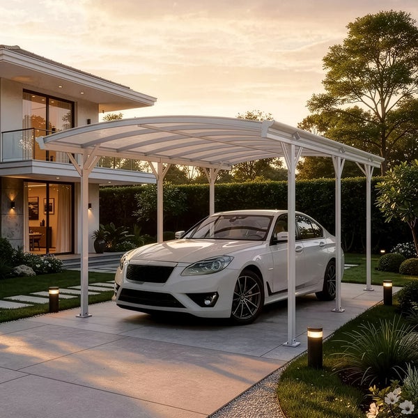 Modernes weißes Carport mit gebogenem lichtdurchlässigem Dach über einem Auto in einer gepflasterten Einfahrt vor einem Haus.