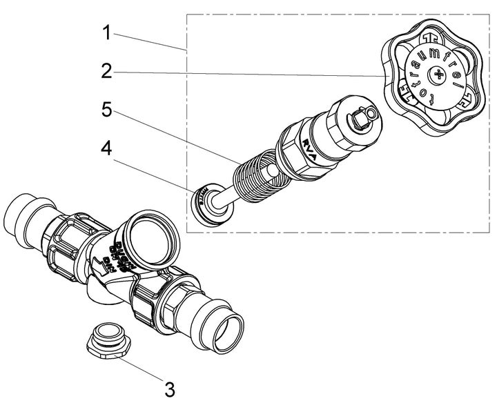 Technische Zeichnung eines totraumfreien Ventils mit Einzelteilen wie Handrad, Ventiloberteil und Ventilkörper.