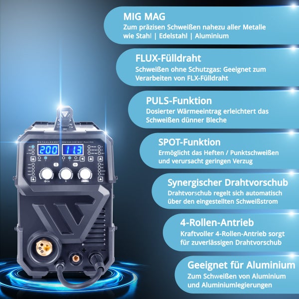 Schweissgerät mit Funktionen für MIG MAG, FLUX-Fülldraht, Puls-, Spot-Funktion, synergischem Drahtvorschub, 4-Rollen-Antrieb, geeignet für Aluminium