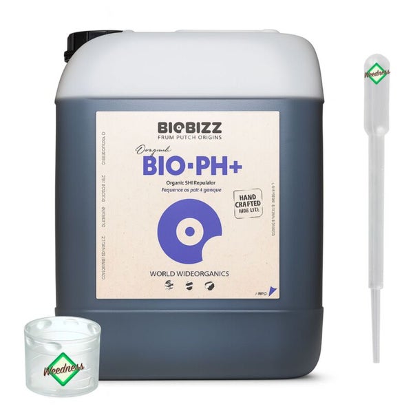 Biobizz Bio-PH Plus organischer pH-Regulator im Kanister mit Messbecher und Pipette, Weedness Logo.