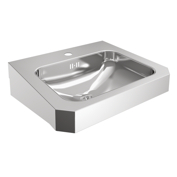Waschbecken aus Edelstahl mit Hahnloch und Überlauf.