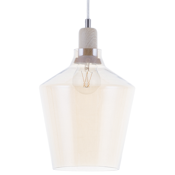 Pendelleuchte mit Glasschirm und Holzelement