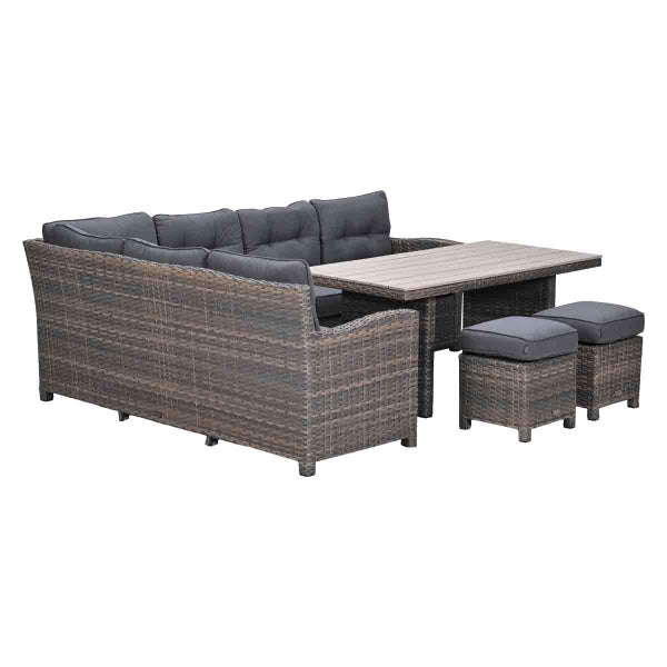 Garten-Lounge-Set aus grauem Polyrattan-Geflecht mit Ecksofa, Tisch mit Platte in Holzoptik, zwei Hockern und grauen Sitzkissen.
