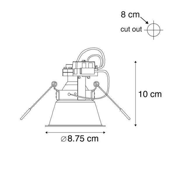 Maßskizze Einbaustrahler: Höhe 10 Zentimeter, Durchmesser 8,75 Zentimeter, Lochausschnitt 8 Zentimeter.