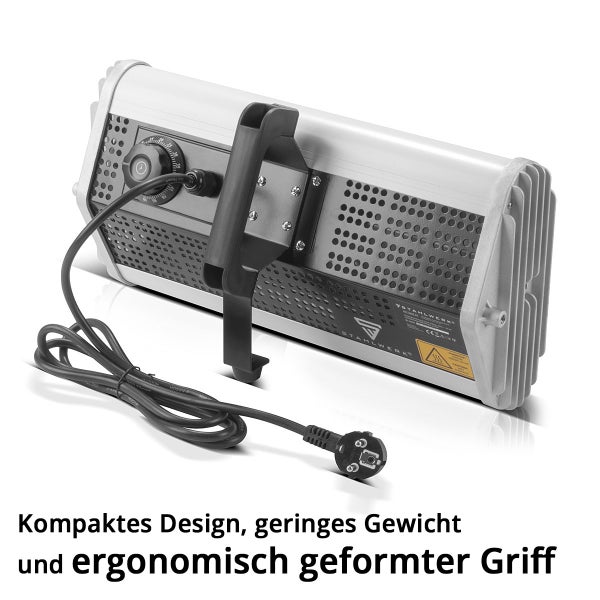 Kompakter Infrarot-Trockner mit ergonomischem Griff, Drehregler, Netzkabel, Warnsymbol für heiße Oberflächen und Stahlwerk Logo.